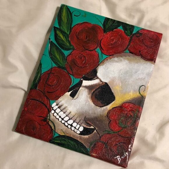 Hand Painted Skull & Roses Painting 8x10 Hand Made Artwork - Picture 1 of 3